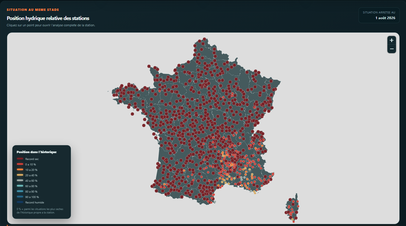 Carte nationale de la position historique du bilan hydrique climatique en 2026