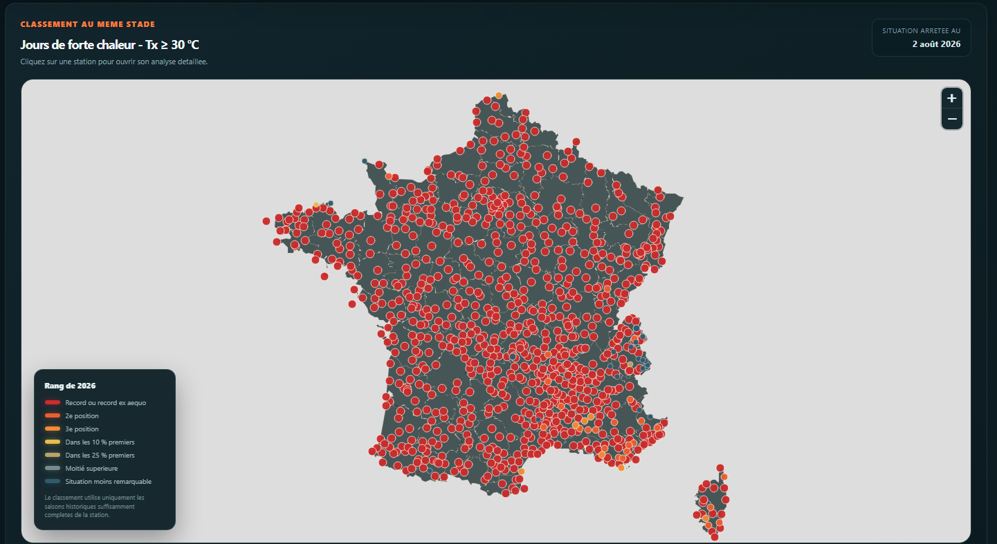 Carte de France des records de jours de forte chaleur en 2026