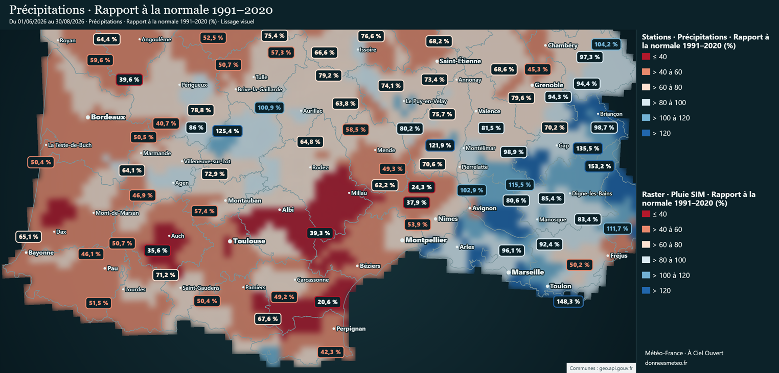 Carte de pluviométrie du sud de la France en pourcentage de la normale du 1er juin au 30 août 2026