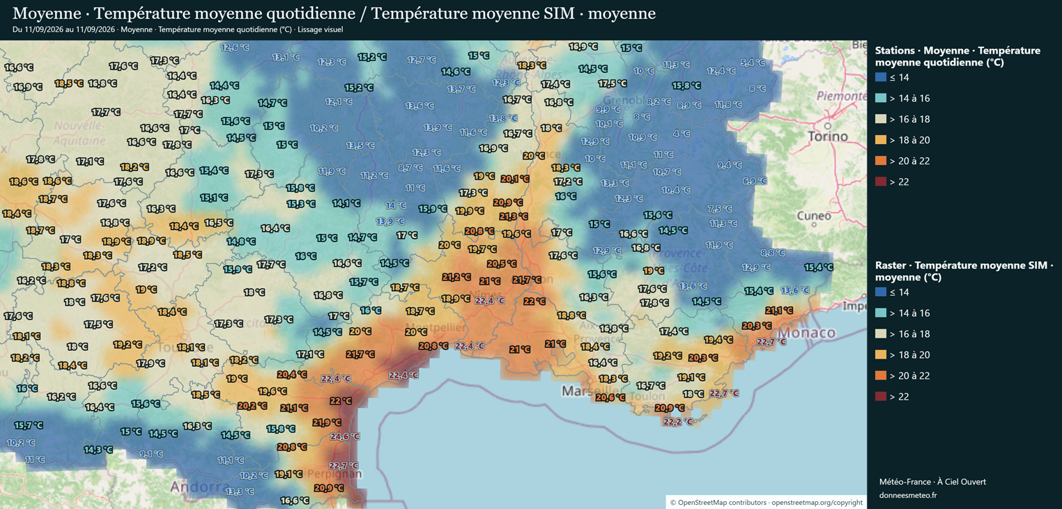 Carte météo régionale de la température moyenne dans le sud de la France le 11 septembre 2026
