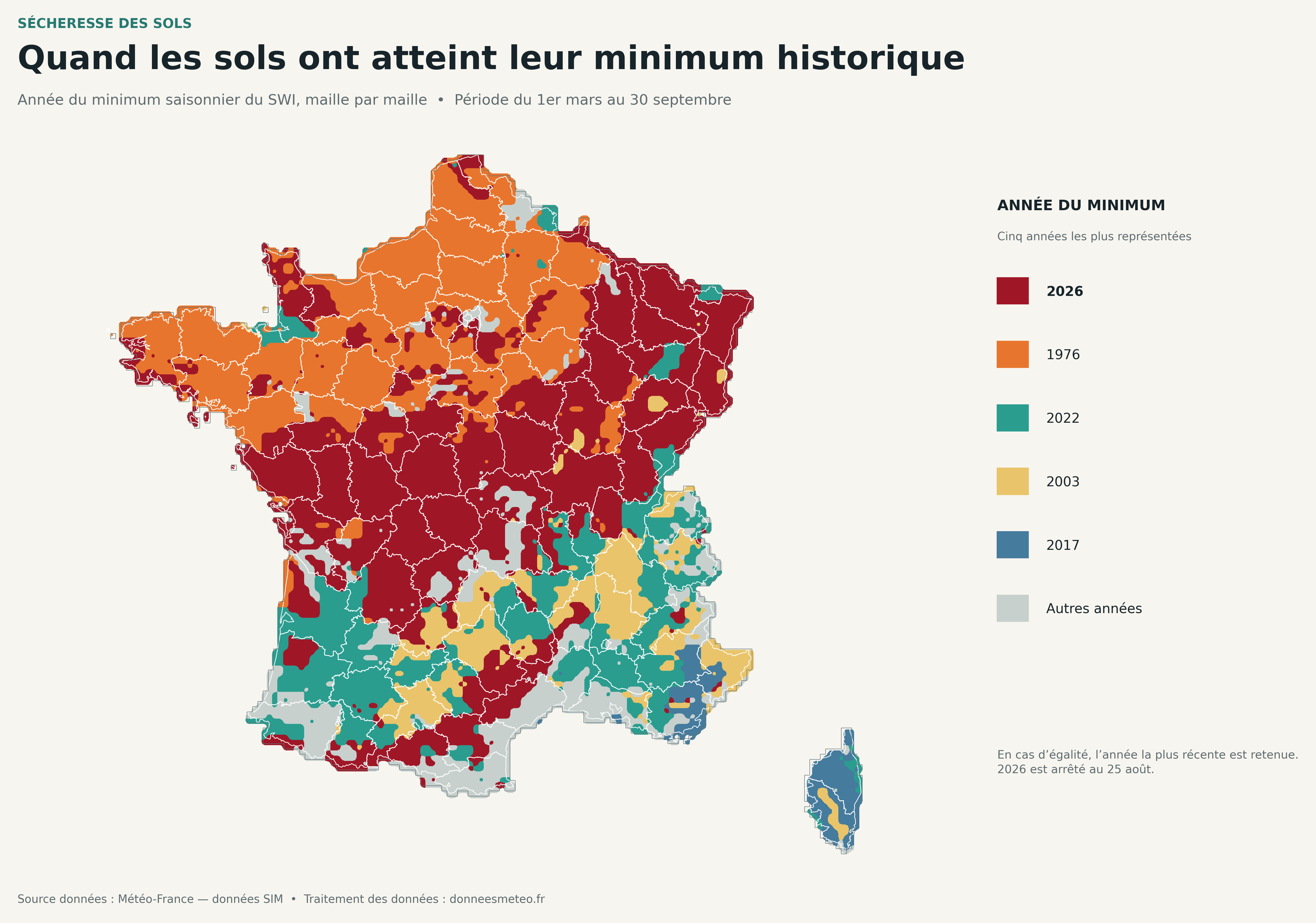 Carte de l’année du minimum historique du SWI pour chaque maille en France