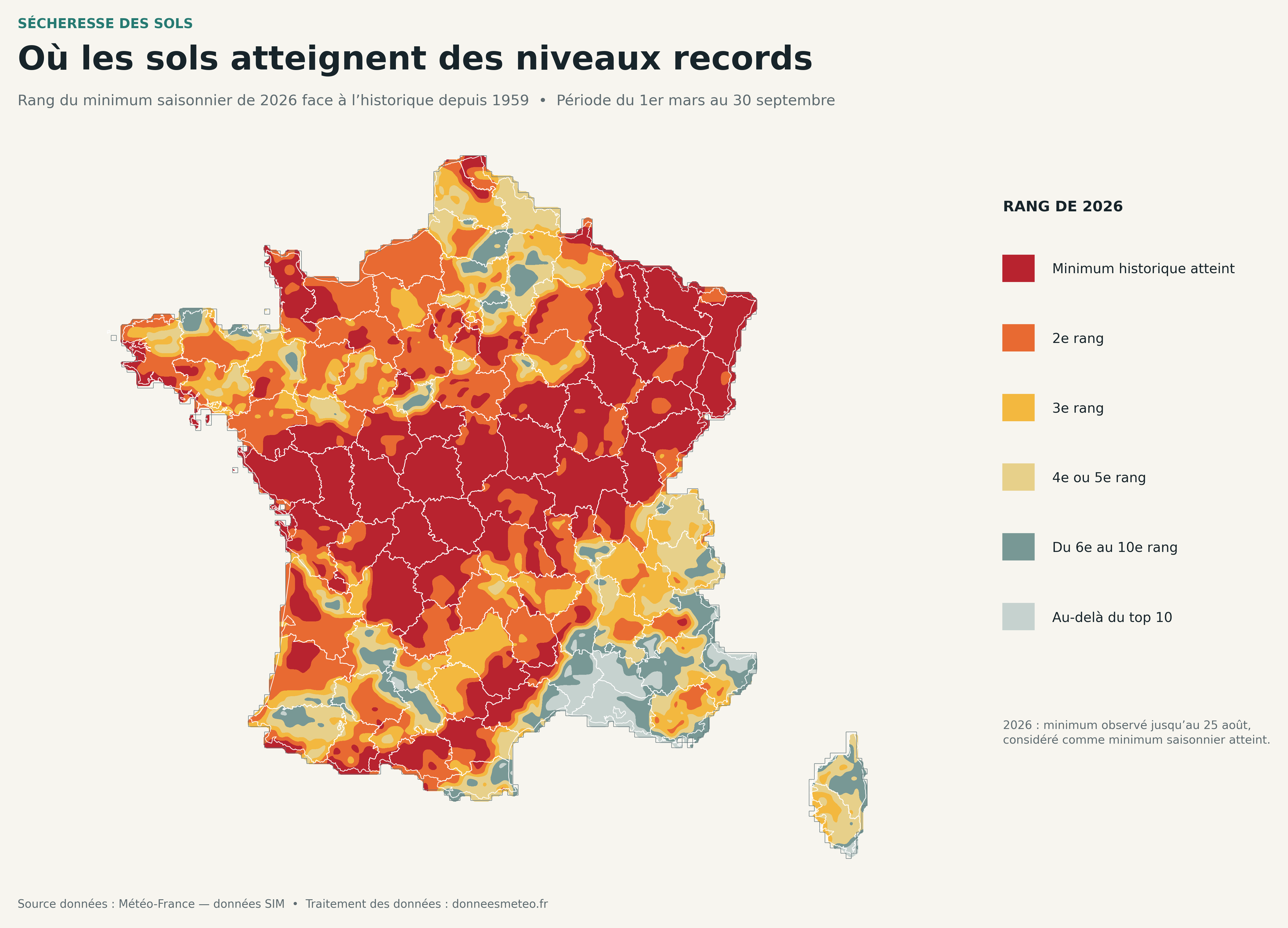 Carte du rang du minimum saisonnier du SWI en 2026 en France