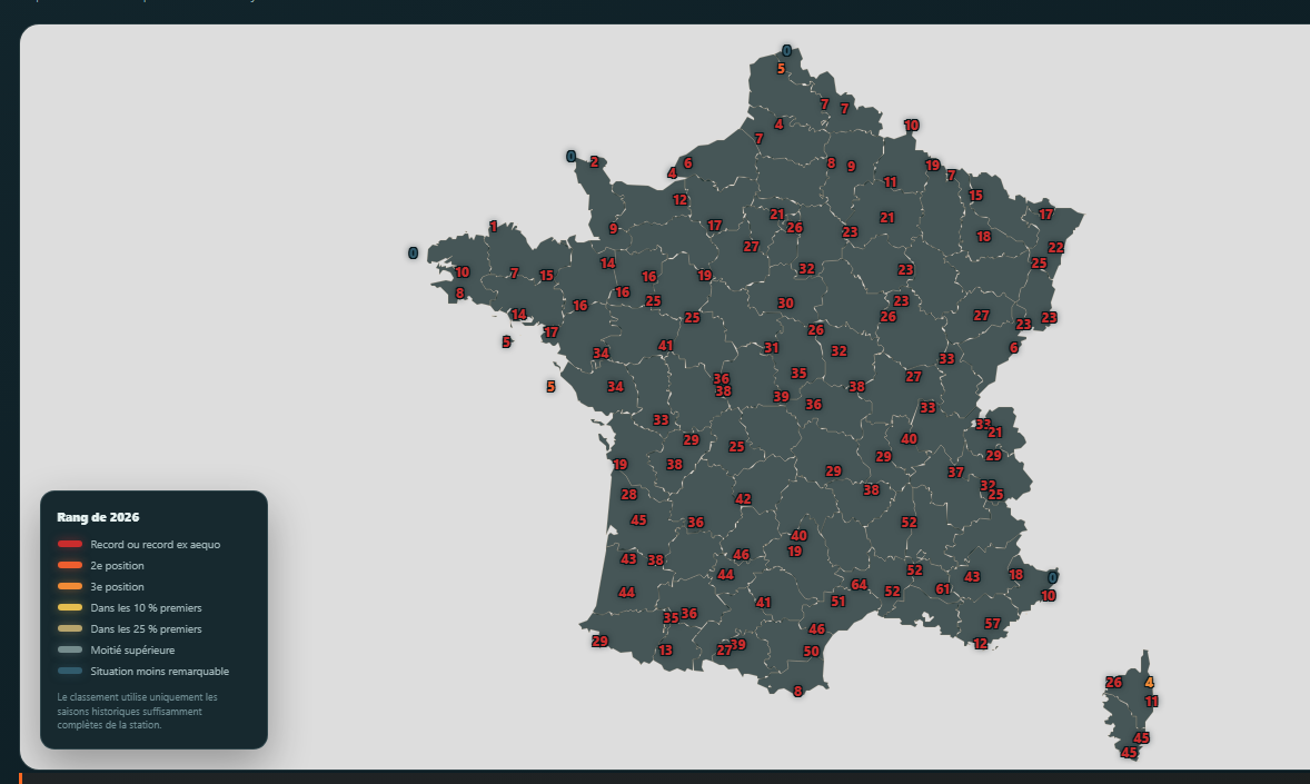 Carte nationale du nombre et du rang des jours à 35 degrés ou plus en 2026