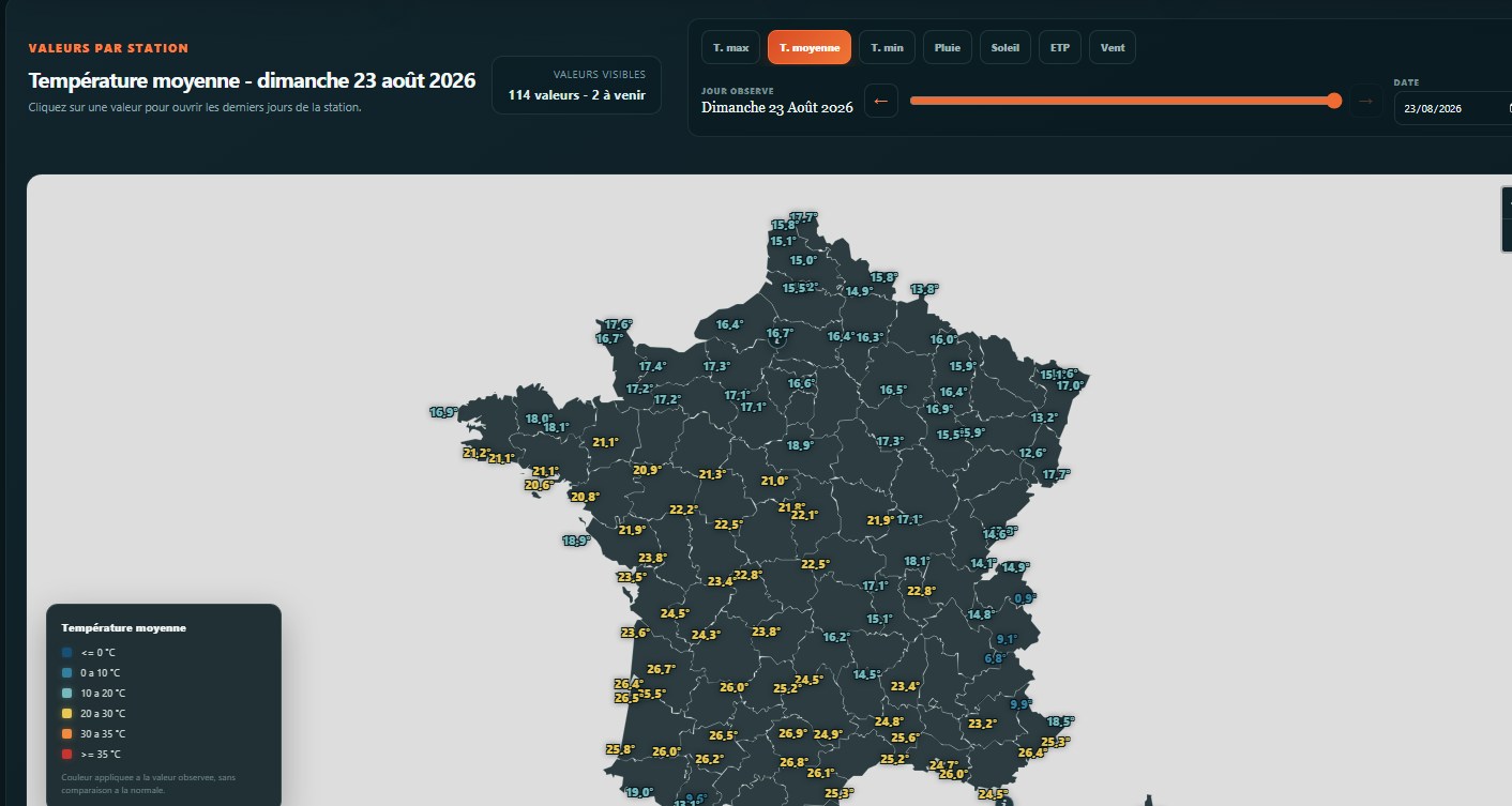 Carte des températures moyennes quotidiennes observées en France